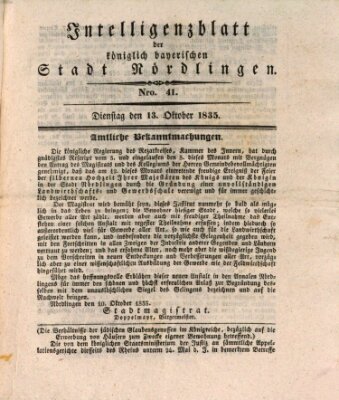 Intelligenzblatt der Königlich Bayerischen Stadt Nördlingen Dienstag 13. Oktober 1835