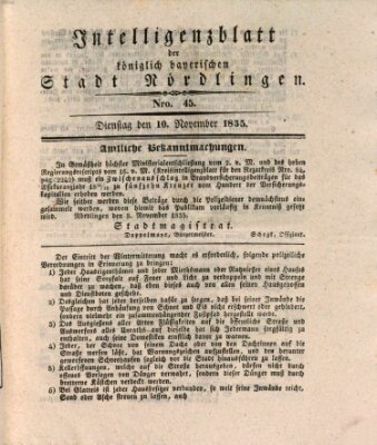 Intelligenzblatt der Königlich Bayerischen Stadt Nördlingen Dienstag 10. November 1835