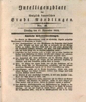 Intelligenzblatt der Königlich Bayerischen Stadt Nördlingen Dienstag 17. November 1835