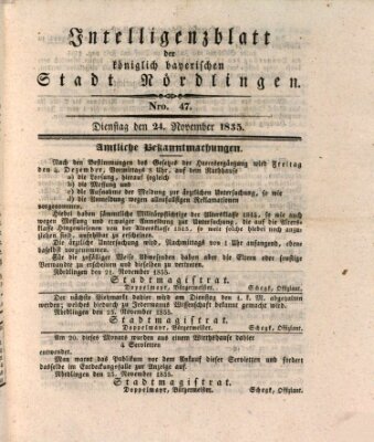 Intelligenzblatt der Königlich Bayerischen Stadt Nördlingen Dienstag 24. November 1835