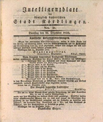 Intelligenzblatt der Königlich Bayerischen Stadt Nördlingen Dienstag 22. Dezember 1835
