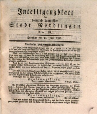 Intelligenzblatt der Königlich Bayerischen Stadt Nördlingen Dienstag 21. Juni 1836