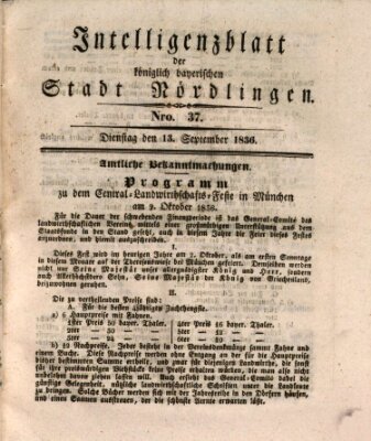 Intelligenzblatt der Königlich Bayerischen Stadt Nördlingen Dienstag 13. September 1836