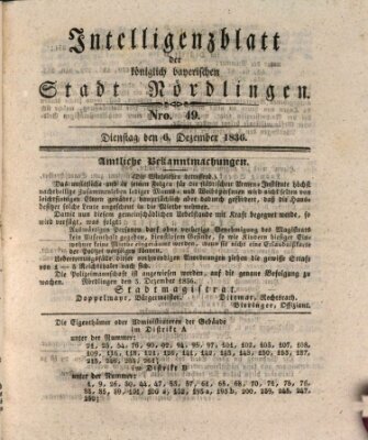 Intelligenzblatt der Königlich Bayerischen Stadt Nördlingen Dienstag 6. Dezember 1836