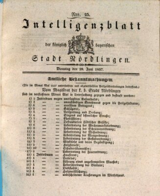 Intelligenzblatt der Königlich Bayerischen Stadt Nördlingen Dienstag 20. Juni 1837