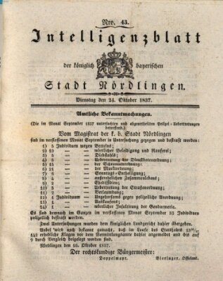 Intelligenzblatt der Königlich Bayerischen Stadt Nördlingen Dienstag 24. Oktober 1837