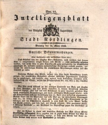 Intelligenzblatt der Königlich Bayerischen Stadt Nördlingen Dienstag 12. März 1839