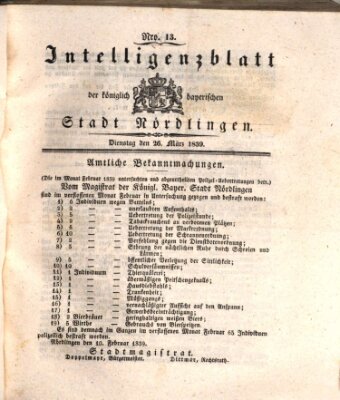 Intelligenzblatt der Königlich Bayerischen Stadt Nördlingen Dienstag 26. März 1839