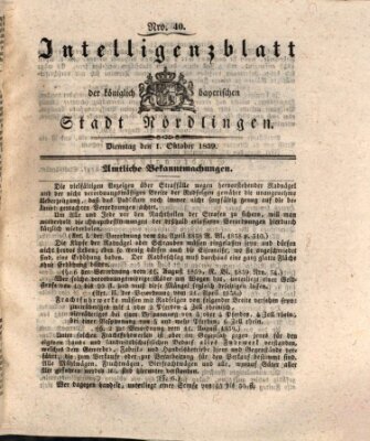 Intelligenzblatt der Königlich Bayerischen Stadt Nördlingen Dienstag 1. Oktober 1839