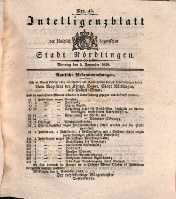 Intelligenzblatt der Königlich Bayerischen Stadt Nördlingen Dienstag 5. November 1839