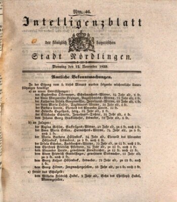 Intelligenzblatt der Königlich Bayerischen Stadt Nördlingen Dienstag 12. November 1839