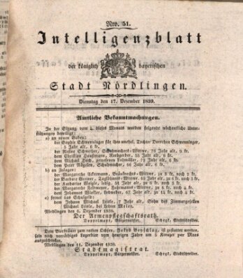 Intelligenzblatt der Königlich Bayerischen Stadt Nördlingen Dienstag 17. Dezember 1839
