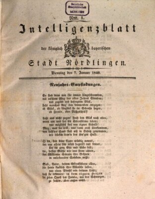 Intelligenzblatt der Königlich Bayerischen Stadt Nördlingen Dienstag 7. Januar 1840