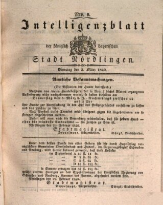 Intelligenzblatt der Königlich Bayerischen Stadt Nördlingen Dienstag 3. März 1840