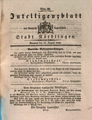 Intelligenzblatt der Königlich Bayerischen Stadt Nördlingen Dienstag 11. August 1840