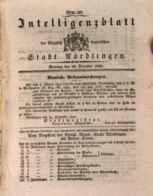 Intelligenzblatt der Königlich Bayerischen Stadt Nördlingen Dienstag 29. Dezember 1840