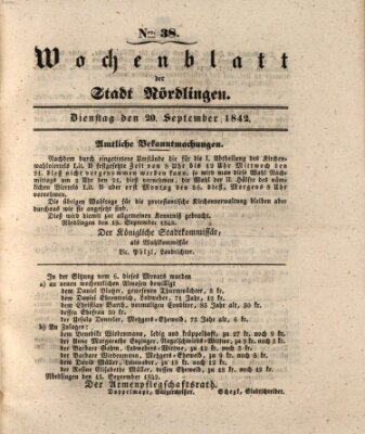 Wochenblatt der Stadt Nördlingen (Intelligenzblatt der Königlich Bayerischen Stadt Nördlingen) Dienstag 20. September 1842