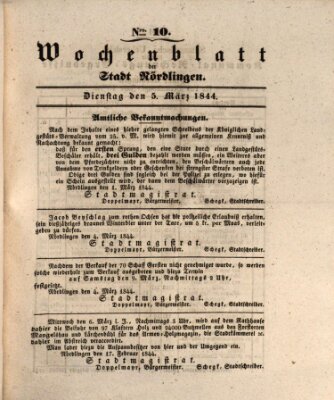 Wochenblatt der Stadt Nördlingen (Intelligenzblatt der Königlich Bayerischen Stadt Nördlingen) Dienstag 5. März 1844