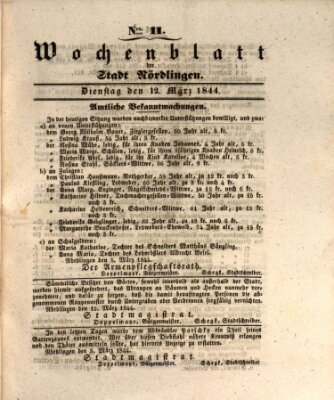 Wochenblatt der Stadt Nördlingen (Intelligenzblatt der Königlich Bayerischen Stadt Nördlingen) Dienstag 12. März 1844