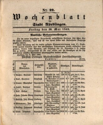 Wochenblatt der Stadt Nördlingen (Intelligenzblatt der Königlich Bayerischen Stadt Nördlingen) Freitag 30. Mai 1845