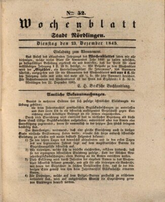 Wochenblatt der Stadt Nördlingen (Intelligenzblatt der Königlich Bayerischen Stadt Nördlingen) Dienstag 23. Dezember 1845