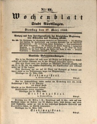 Wochenblatt der Stadt Nördlingen (Intelligenzblatt der Königlich Bayerischen Stadt Nördlingen) Dienstag 17. März 1846