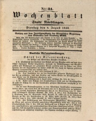 Wochenblatt der Stadt Nördlingen (Intelligenzblatt der Königlich Bayerischen Stadt Nördlingen) Dienstag 4. August 1846