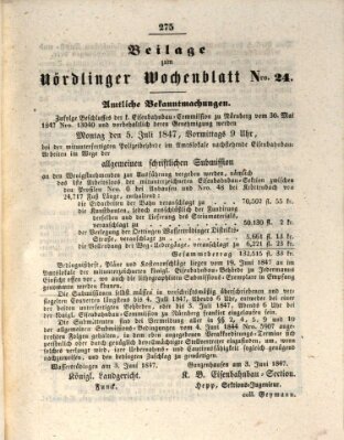 Wochenblatt der Stadt Nördlingen (Intelligenzblatt der Königlich Bayerischen Stadt Nördlingen) Dienstag 8. Juni 1847