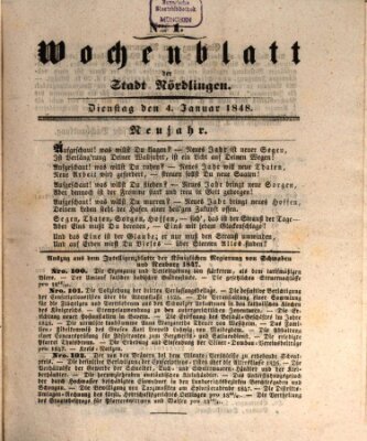 Wochenblatt der Stadt Nördlingen (Intelligenzblatt der Königlich Bayerischen Stadt Nördlingen) Dienstag 4. Januar 1848