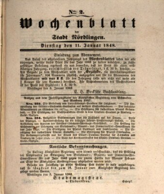 Wochenblatt der Stadt Nördlingen (Intelligenzblatt der Königlich Bayerischen Stadt Nördlingen) Dienstag 11. Januar 1848