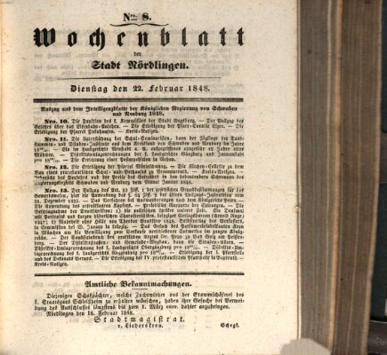 Wochenblatt der Stadt Nördlingen (Intelligenzblatt der Königlich Bayerischen Stadt Nördlingen) Dienstag 22. Februar 1848