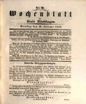 Wochenblatt der Stadt Nördlingen (Intelligenzblatt der Königlich Bayerischen Stadt Nördlingen) Dienstag 29. Februar 1848