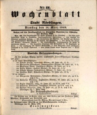 Wochenblatt der Stadt Nördlingen (Intelligenzblatt der Königlich Bayerischen Stadt Nördlingen) Dienstag 14. März 1848