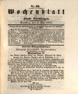 Wochenblatt der Stadt Nördlingen (Intelligenzblatt der Königlich Bayerischen Stadt Nördlingen) Dienstag 2. Mai 1848