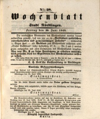 Wochenblatt der Stadt Nördlingen (Intelligenzblatt der Königlich Bayerischen Stadt Nördlingen) Freitag 30. Juni 1848