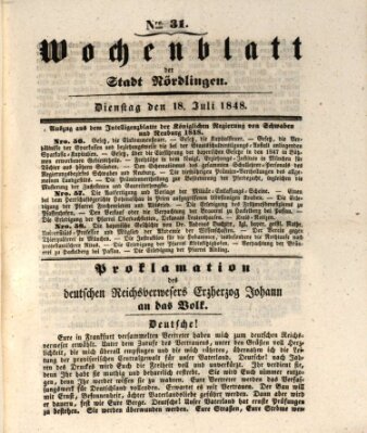 Wochenblatt der Stadt Nördlingen (Intelligenzblatt der Königlich Bayerischen Stadt Nördlingen) Dienstag 18. Juli 1848