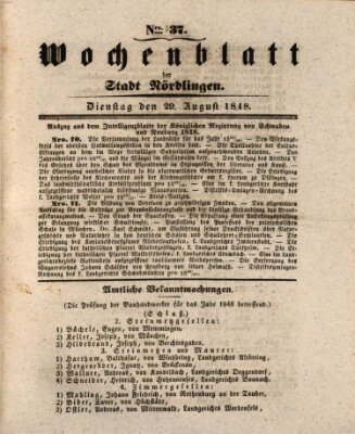 Wochenblatt der Stadt Nördlingen (Intelligenzblatt der Königlich Bayerischen Stadt Nördlingen) Dienstag 29. August 1848