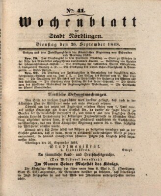 Wochenblatt der Stadt Nördlingen (Intelligenzblatt der Königlich Bayerischen Stadt Nördlingen) Dienstag 26. September 1848