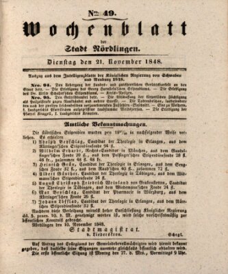 Wochenblatt der Stadt Nördlingen (Intelligenzblatt der Königlich Bayerischen Stadt Nördlingen) Dienstag 21. November 1848