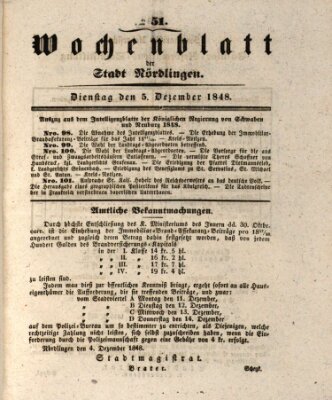 Wochenblatt der Stadt Nördlingen (Intelligenzblatt der Königlich Bayerischen Stadt Nördlingen) Dienstag 5. Dezember 1848