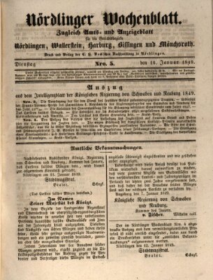 Nördlinger Wochenblatt (Intelligenzblatt der Königlich Bayerischen Stadt Nördlingen) Dienstag 16. Januar 1849