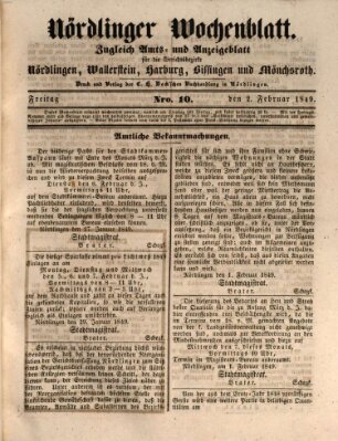 Nördlinger Wochenblatt (Intelligenzblatt der Königlich Bayerischen Stadt Nördlingen) Freitag 2. Februar 1849