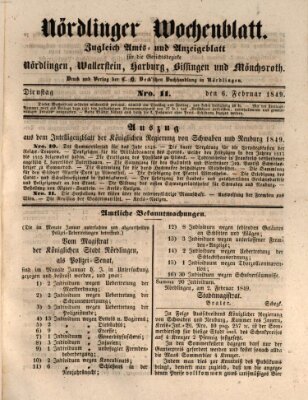 Nördlinger Wochenblatt (Intelligenzblatt der Königlich Bayerischen Stadt Nördlingen) Dienstag 6. Februar 1849