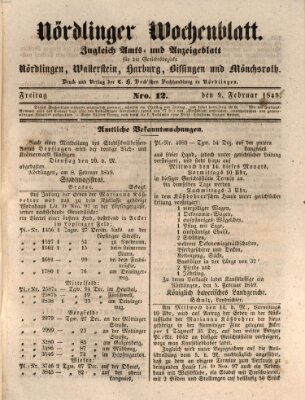 Nördlinger Wochenblatt (Intelligenzblatt der Königlich Bayerischen Stadt Nördlingen) Freitag 9. Februar 1849