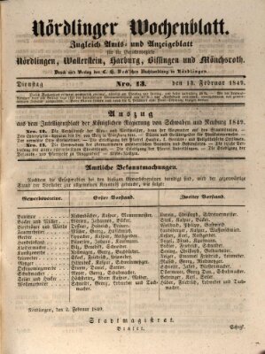 Nördlinger Wochenblatt (Intelligenzblatt der Königlich Bayerischen Stadt Nördlingen) Dienstag 13. Februar 1849