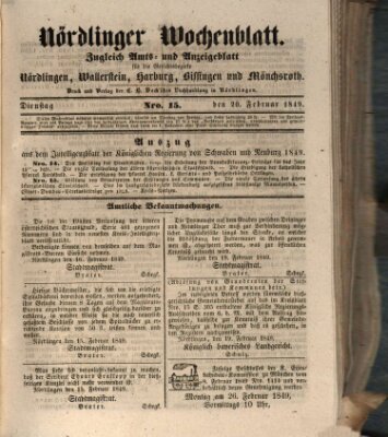 Nördlinger Wochenblatt (Intelligenzblatt der Königlich Bayerischen Stadt Nördlingen) Dienstag 20. Februar 1849