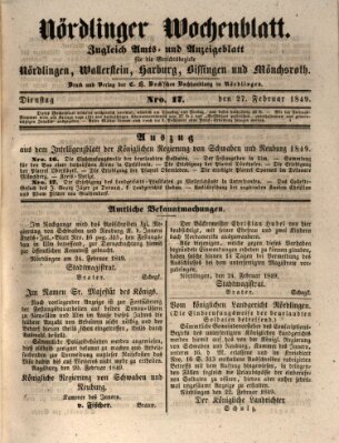 Nördlinger Wochenblatt (Intelligenzblatt der Königlich Bayerischen Stadt Nördlingen) Dienstag 27. Februar 1849