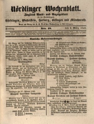 Nördlinger Wochenblatt (Intelligenzblatt der Königlich Bayerischen Stadt Nördlingen) Freitag 2. März 1849