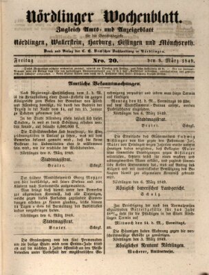 Nördlinger Wochenblatt (Intelligenzblatt der Königlich Bayerischen Stadt Nördlingen) Freitag 9. März 1849