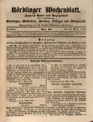 Nördlinger Wochenblatt (Intelligenzblatt der Königlich Bayerischen Stadt Nördlingen) Dienstag 13. März 1849